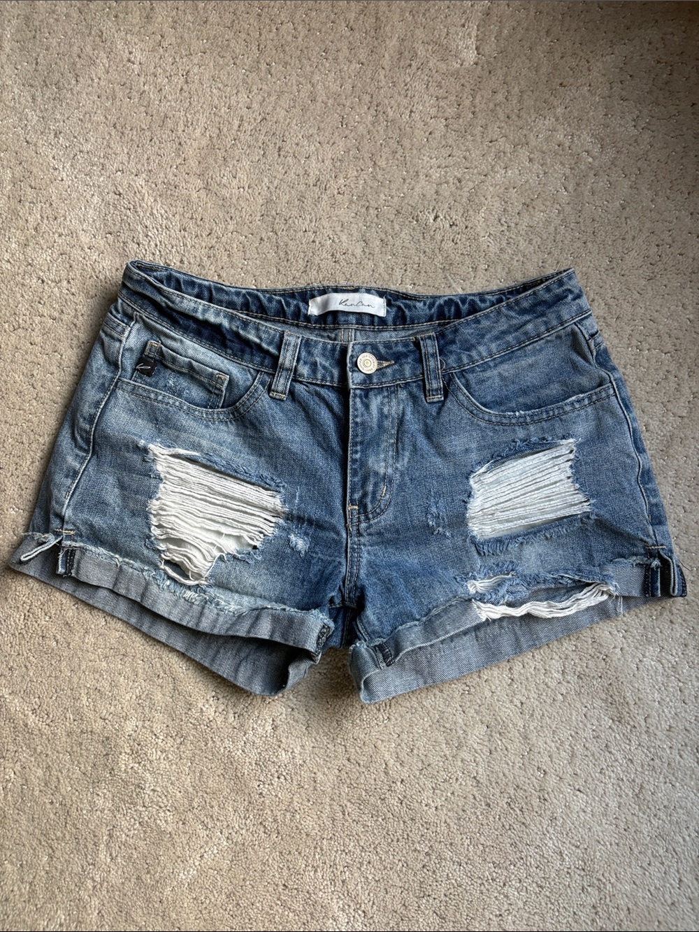 KanCan Distressed Roll-Cuff Denim Shorts